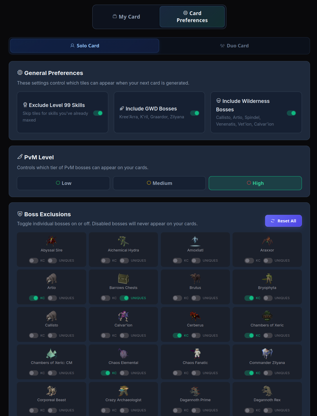 Card preferences configuration
